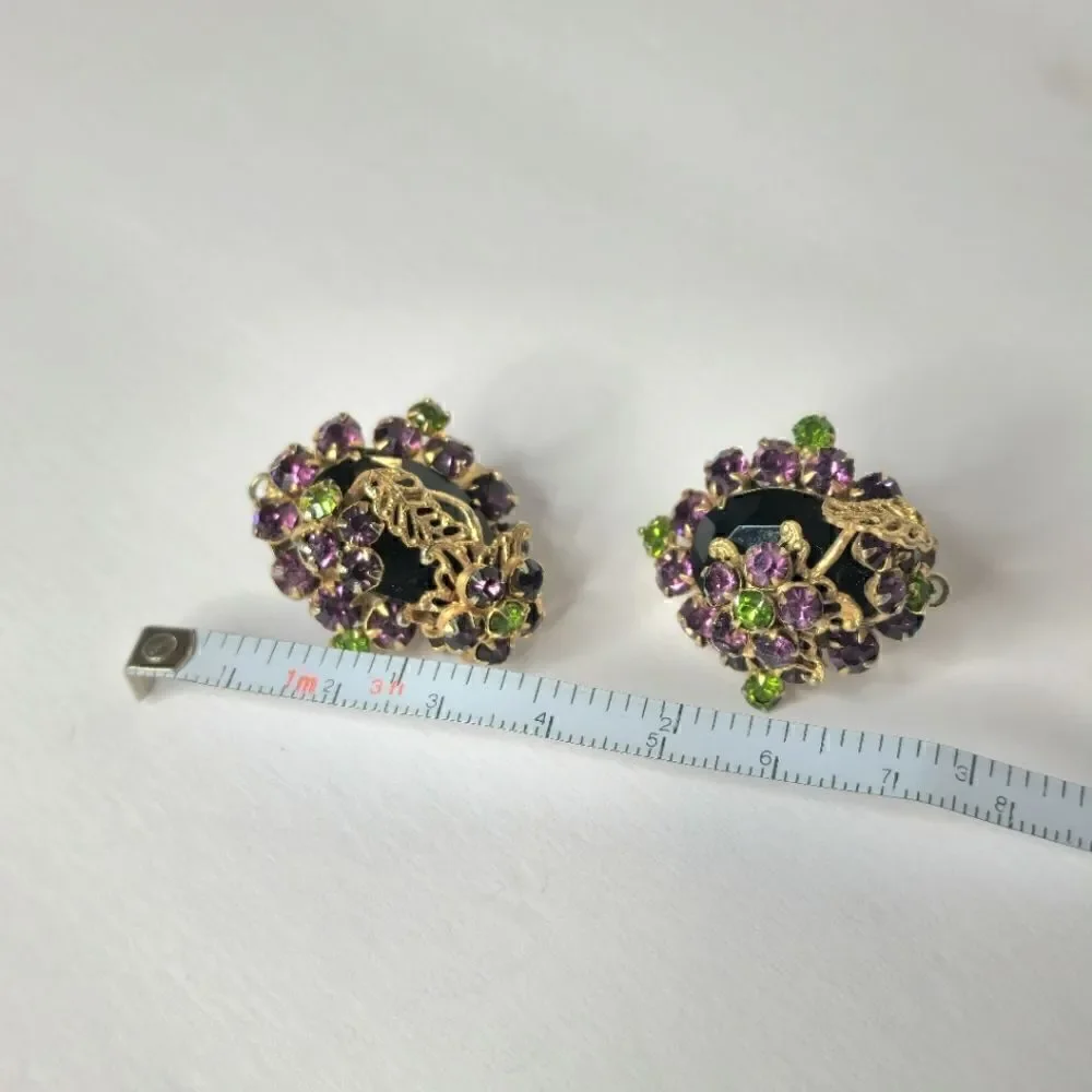 Vintage Gold Peridot Amethyst floral fillagree clip on earrings
